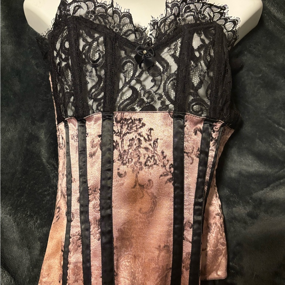 Black Lace and Pink Patterned Corset Top